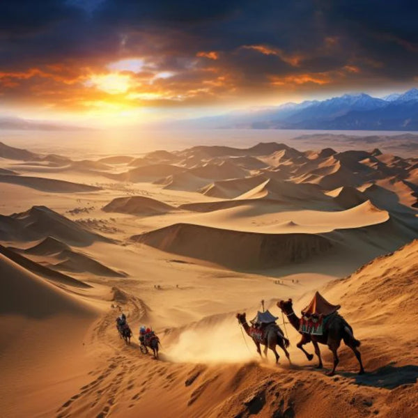 Route de la soie avec caravanes de chameaux