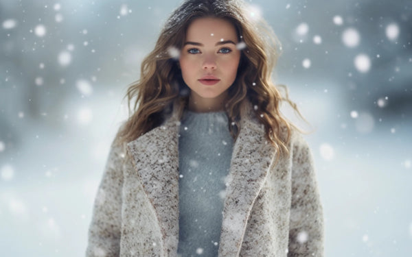 bouloche sur manteau femme sous la neige en hiver