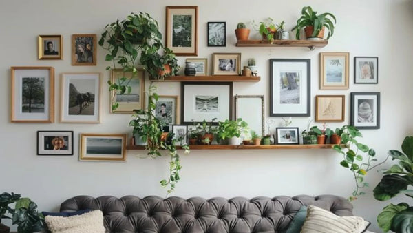 étagère murale avec cadres photos et plantes vertes dans un intérieur chaleureux