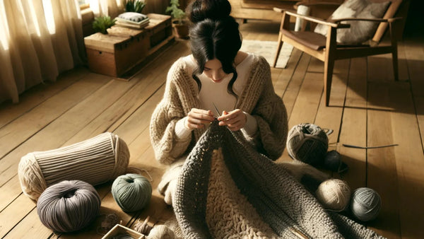 femme assemblant les pièces d'un grand plaid en laine
