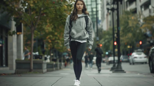 femme portant hoodie crop gris oversize et baskets