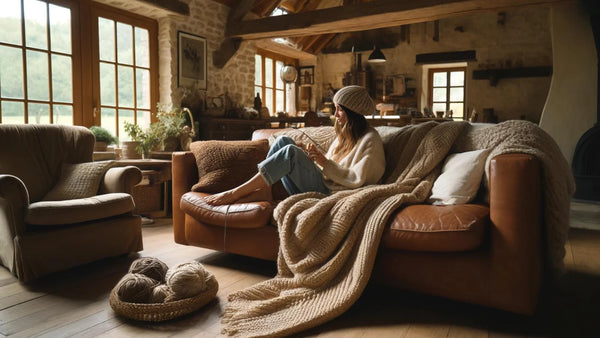 femme tricotant un plaid en laine mérinos sur un canapé
