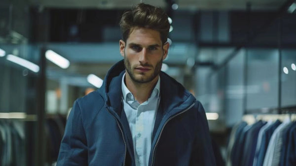 homme en costume cravate avec sweat à capuche bleu marine