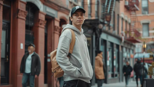 jeune homme en hoodie gris et baskets avec sac banane et casquette