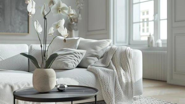 plaid gris sur canapé gris dans un salon moderne et épuré
