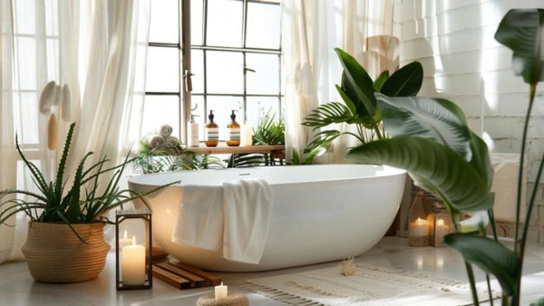 salle de bain apaisante avec bougies et plantes vertes