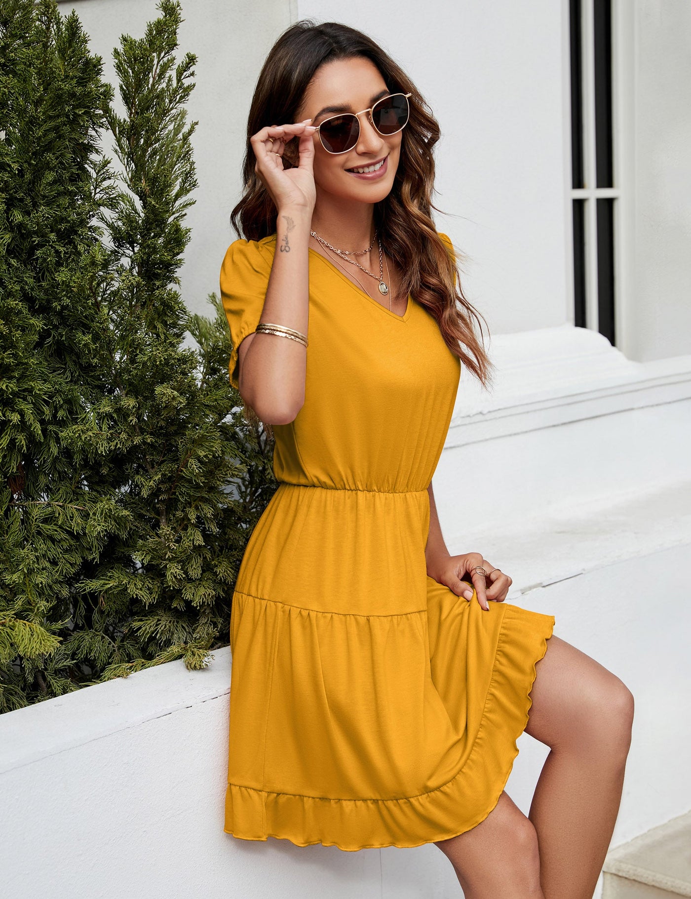 MISSKY Women's Ruffled Mini Dress Yellow