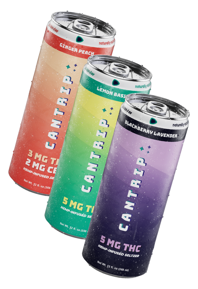 Three different flavored hemp-infused seltzer cans arranged diagonally.