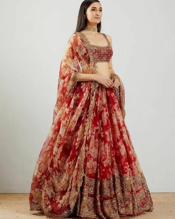Designer Red color lehenga choli with Floral Print  and Sequence Embroidery Work wedding party wear lehenga choli with dupatta
