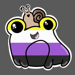 A drawing of a frog that is striped in the nonbinary colors - yellow, white, purple, and black. It is watermarked with "Their Art." There is a brown snail on the frog's head, a white outline, and a grey background. 