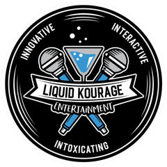 Liquid Kourage logo with two microphones on a black circle with a light blue beverage in a triangular glass. The words "intoxicating, innovative, interactive" are along the edges of the circle.