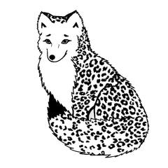 A drawing of a spotted fox in black lines on a white background