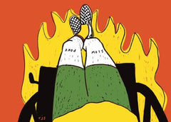 Digital illustration of the bottom half of a person sitting in a manual wheelchair seen from the top view. They have a bright yellow shirt, green shorts, and black and white checkered shoes. The words “slow” and “poke” are tattooed above each knee. Their skin is white with little black hairs. There are yellow flames around the person. The background is bright orange.