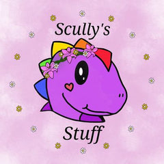 A digital drawing of a purple dinosaur with rainbow spines, a flower crown, and a lilac background. "Scully's Stuff" is in black text.