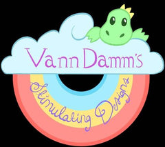 The background is black. There is a light blue cloud with a small green dinosaur waving. Purple text reads "Vann Damm's" on the cloud. There is an upside down rainbow that is light blue, yellow, and pink. Periwinkle text on it reads "Stimulating Designs" in cursive. 