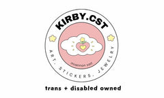 A logo that has a white circle with a pink circle inside of it. The white circle says “Kirby.cst” in black font with yellow stars on either side below it, and then says Art, stickers and jewelry on the bottom. In the pink circle has a cloud with a heart that has a star growing from it, and the text Rhiannon salt on the bottom. Below the sticker says “trans + disabled owned"