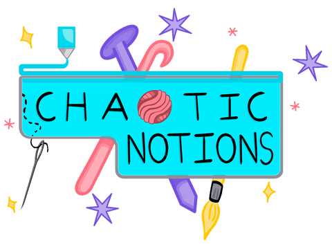 The words “Chaotic Notions” is handwritten in black on a light blue panel/board, with the exception of the “o” which is a drawn yarn ball in a salmon pink. On the top of the panel is a thin line that looks like it is being printed by a 3D printer nozzle. Crossed behind the middle of the panel is a knitting needle in purple and a crochet needle in pink. Behind the right side of the panel is a yellow paintbrush. Threaded through the left side of the panel are some black stitches that are threaded into a grey sewing needle. Surrounding the panel are a variety of stars. there are three 6 pointed stars in purple, Three pink asterisks and three yellow four pointed stars.