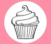 A simple black and white drawing of a cupcake is centered in a white circle. Surrounding the circle is a pink rectangle background.