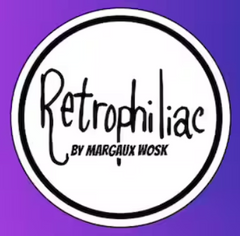 Retrophiliac's logo has a white circle, the text "Retrophiliac by margaux wosk" written on top, and a black circular outline and a purple to blue gradient background