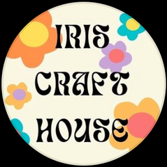 "Iris Craft House" is in a curvy text on a yellow circle with flowers that are orange, green, purple, blue, pink, and yellow colored petals and centers.