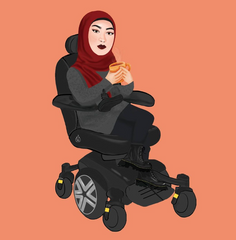 Yasmeen is drawn as a cartoon in a hijab and power wheelchair