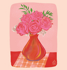 A beautiful illustration of pink roses in a red vase on a red table with a checkered cloth on it under the vase. The wall is a light pink color.