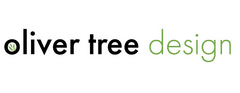 "oliver tree design" logo in black text with green leaves in the "o" and "design" in green