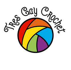 Tres Gay Crochet is in a cursive text around a rainbow yarn ball. There is a white background.