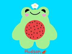 A drawing of a frog mascot named Hudson (as indicated in pink text at the bottom of the image). Hudson has a watermelon theme frog with a pink stomach with black seeds and is light green. Hudson has a light pink blush shaped like hearts and a daisy on his head. The background is sky blue