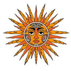 A drawing of an orange sun with a face on it and geometric details. The background is white.