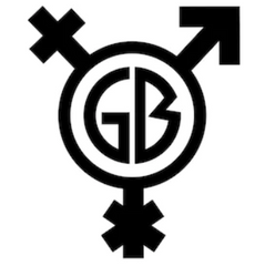 The letters GB are inside of the transgender nonbinary symbol (a circle with a plus, arrow, and star coming out if it)