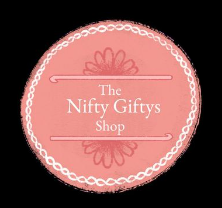 A pink circular logo has text that reads "Nifty Giftys Shop" A dark pink daisy-like flower is split in half above and below the text. A white border surrounds the circle