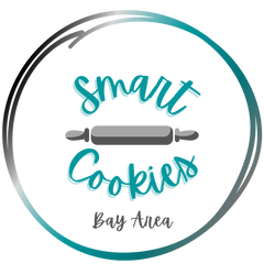 "Smart cookies" is in a teal cursive text and a greyscale rolling pin is in the center. In a smaller black handwriting font is "Bay Area." A hand-drawn circle is teal and black. The background is white.
