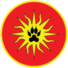 A logo with orange circle background, yellow sun, and a black paw print in the center.