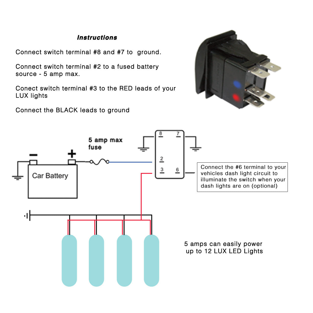 LED Rock Light LUX Logo Rocker Switch - LUX Lighting Systems 12 volt 3 pole switch wiring diagram 