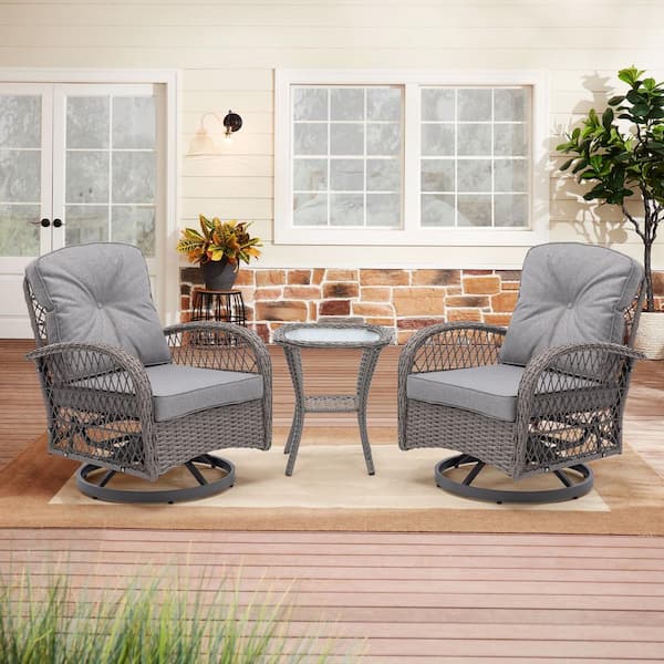 3-Piece Wicker Patio Conversation Set Swivel Rocker Chairs Set in Gray with Cushions and Table