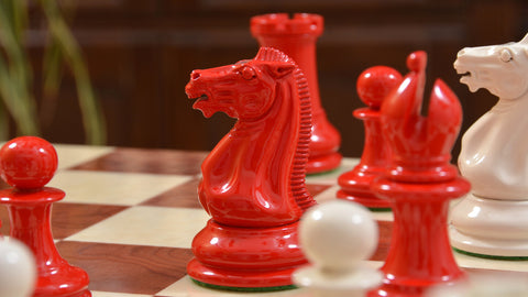 Reproduced 1849 Original Staunton Pattern Chess Set in Lacquer Finished Painted Crimson Ivory White