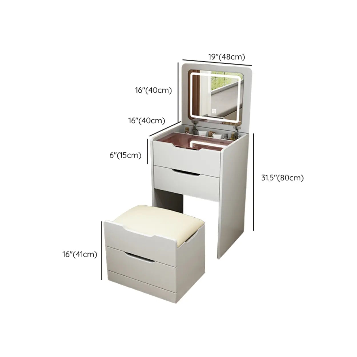 Small White Wood Makeup Vanity with Mirror and Drawers #size