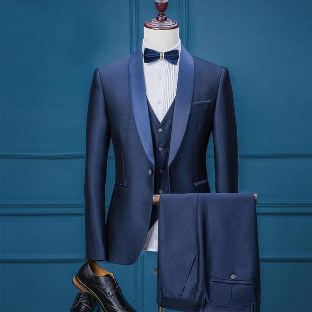 Men's 3 Piece Blue Tuxedo With Matching Lapel Up To 3XL (Jacket + Vest ...