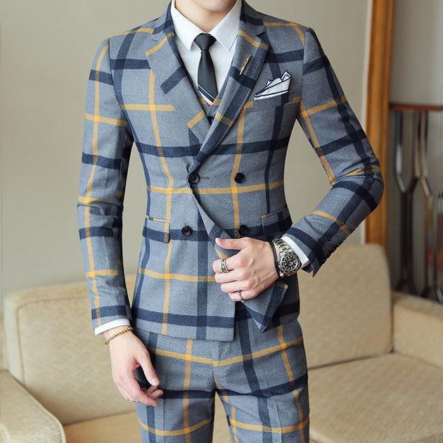 Men's Fashion 3pc Plaid Suit Up To 2XL(Jacket +Vest+Pants ...