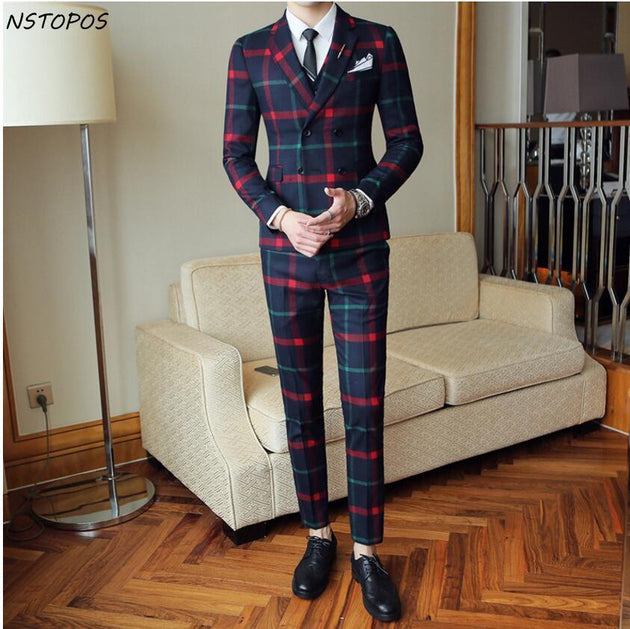 Men's Fashion 3pc Plaid Suit Up To 2XL(Jacket +Vest+Pants ...