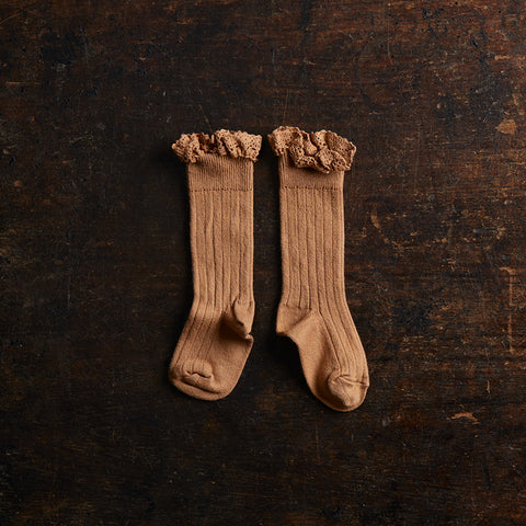 Babies & Kids Cotton Knee Socks With Lace  - Caramel