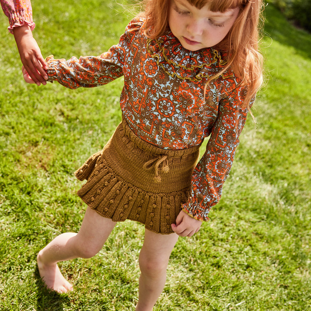 Hand Knit Pima Cotton Eyelet Popcorn Skating Skirt - Tarragon