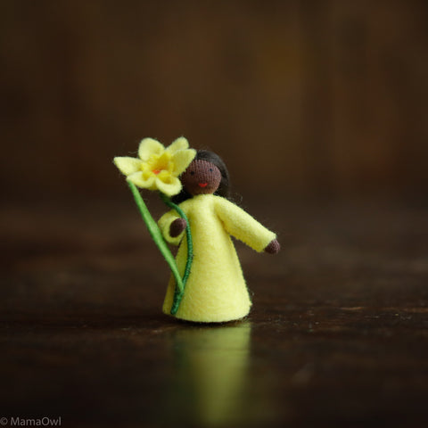 Handmade Wool Fairy Holding Flower - Daffodil - Black