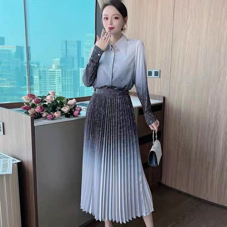 OFF Design Runway Floral Long Sleeve Shirt Blouses Elegant High Waist Pleated Skirt Traf Zevity Two Piece Set Outfit Women Chic