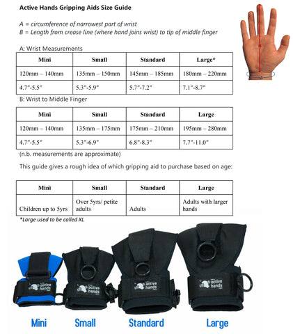 Active Hands Gripping Aid size chart