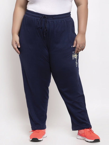 plusS Women Plus Size Navy Blue Solid Cotton Slim-Fit Track Pants –