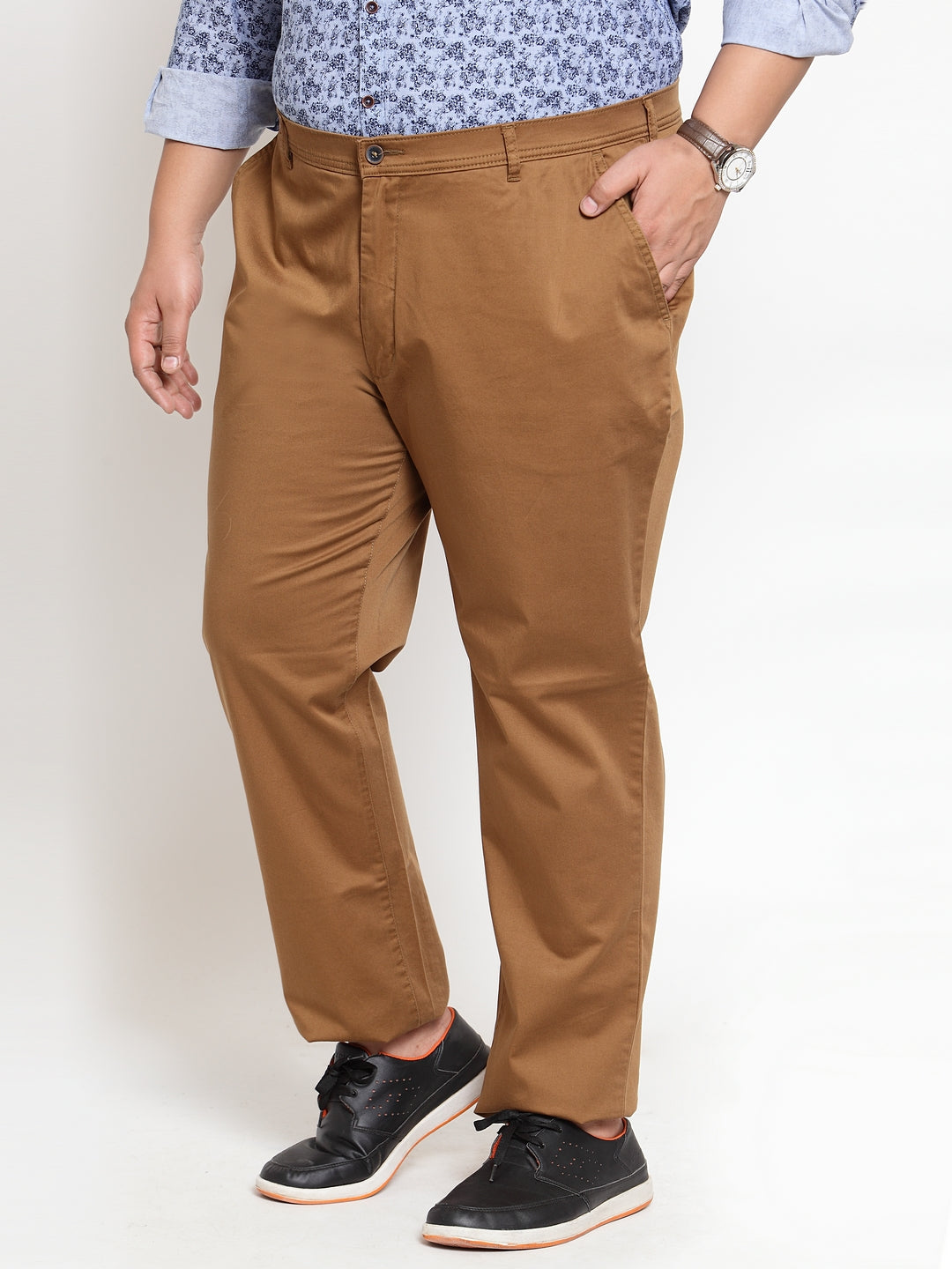 Buy LIFE Khaki Solid Cotton Stretch Slim Fit Men's Trousers | Shoppers Stop