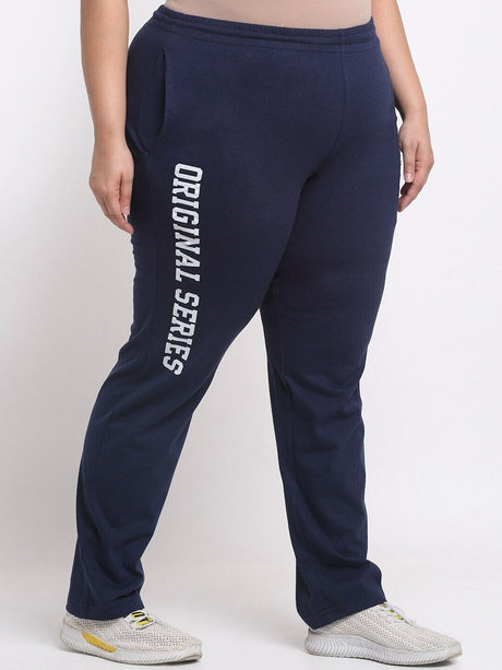 plusS Women Plus Size Navy Blue Solid Cotton Slim-Fit Track Pants –