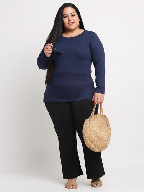 Women Plus Size Navy Blue Solid Round Neck Cotton T-shirt with Embelli –